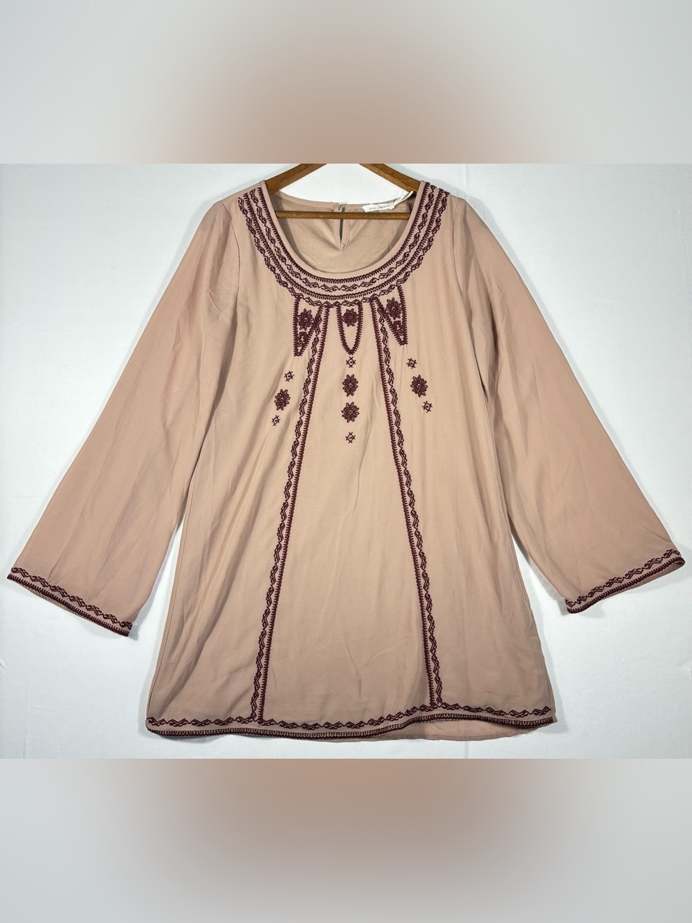 Blu Pepper Women’s Small Embroidered Boho Tunic Top Tan with Maroon Detail